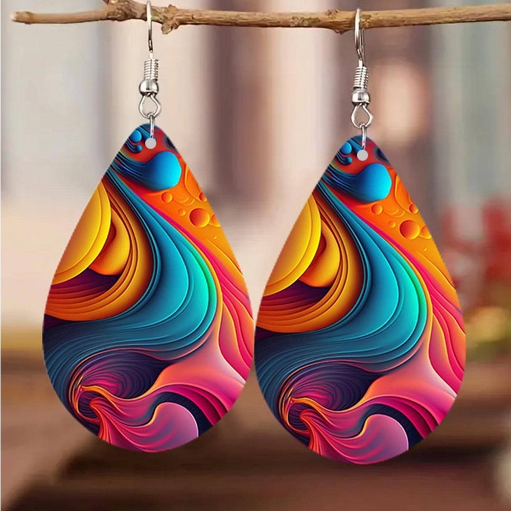 Double Sided Rainbow Print Water Drop Wooden Hook Earrings For Women